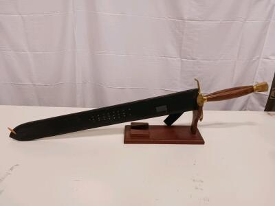 Decorative Bowie Knife with 9.5" Stainless Steel Blade, Wood Handle, Brass Guard, Leather Sheath, and Display Stand