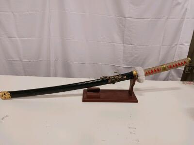 Decorative Katana Samurai Sword 40" w/ Black Lacquered Scabbard and Display Stand, Gold Fittings