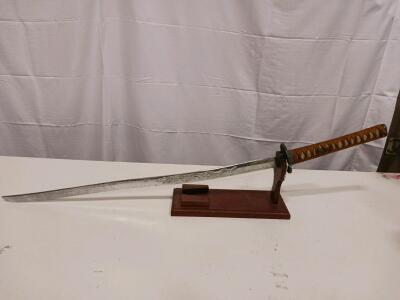 Modern Katana Sword, Pattern Steel, 28" Blade, Brown Wrapped Handle, Display Stand Included