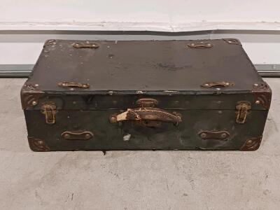Antique Leather-Wrapped Suitcase, Brass Hardware, Patterned Lining, c. 1920s-1940s, 28" (Sp-16)