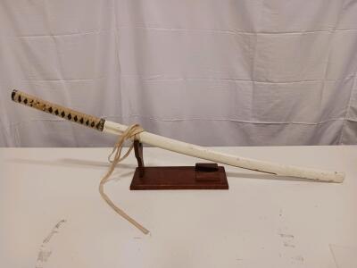 Traditional Katana Sword with White Saya, 28" Blade, 40" Overall, Display Stand Included
