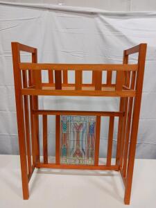 Mission-Style Wooden Magazine Rack with Stained Glass Accent, 23"x10"x28", Arts & Crafts Design