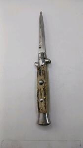 Italian-Style Stiletto Switchblade, 4" Stainless Blade, Faux Stag Handle, 9" Open Length