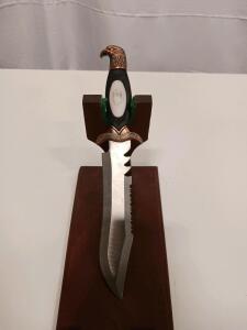 Decorative Bowie Knife with Eagle Handle, Serrated Spine, and Display Stand, 13 Inch Overall Length