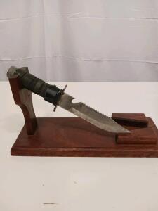 Custom Survival Fighting Knife, Sawback Blade, Metal Pipe Handle, 13 in Overall, Display Stand