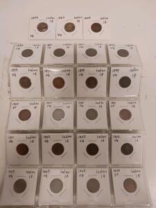 Collection of 20 Indian Head Cents: Years 1859-1909, VG to XF Grades, 1&cent; U.S. Coins