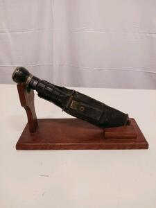 Survival/Combat Knife 6" Blade, Sawback Spine, Black Handle, Sheath and Wooden Display Stand