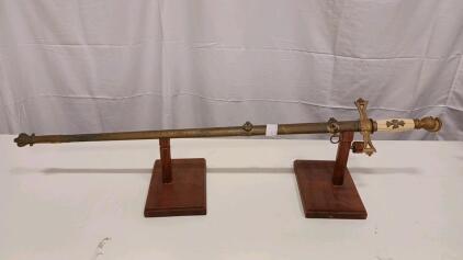 Fraternal Ceremonial Sword "Benjamin Franklin Station" Etched Blade w/ Ornate Brass Scabbard