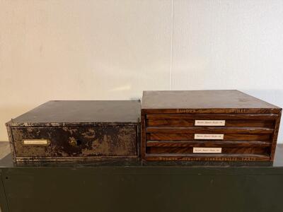 Vintage Bulova Repair-Master and Metal Watchmaker's Parts Cabinets with Assorted Watch Parts