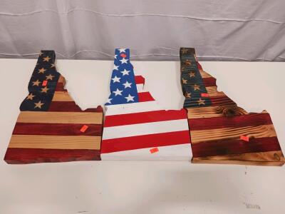 (3) Idaho-Shaped Wooden Wall Art with American Flag Design Handmade (Sp-16)