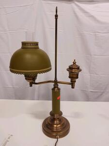 Vintage Brass Banker's Lamp with Olive Green Shade and Glass Chimney
