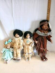 Porcelain Doll Set x4 &ndash; Native American & Victorian Styles, 12"/15"/24" &ndash; Dress & Accessories