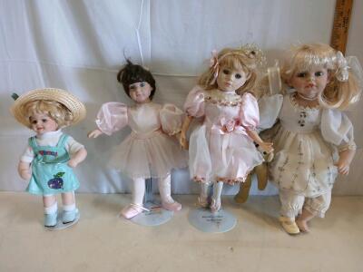 Heritage Mint Collection Porcelain Dolls, 16", Blonde/Brown Hair, Original Stand, 1990s