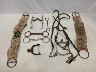 Vintage Western Horse Tack Lot &ndash; Mohair Cinches, Variety of Bits, Bridle, Stirrup<br/><br/>(Sp-14)