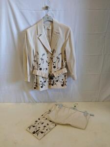Mystique Women's Blazer and Pants Suit Set, Size 6 Jacket, Size 10 Pants, Cream with Floral Embroidery<br/><br/>(Sp-16)