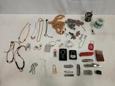 Large Mixed Lot &ndash; Pocket Knives, Padlocks, Keychains, Jewelry, Fishing Reel, 30+ Pieces