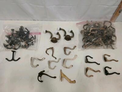 Vintage Mixed Lot of 40-50 Wall/Coat Hooks &ndash; Cast Iron & Brass, Various Styles & Finishes