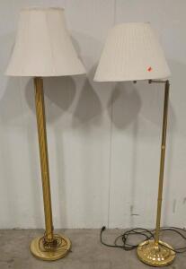 (2) Brass Floor Lamps with White Pleated Shades, 60 Inch Height, Weighted Base