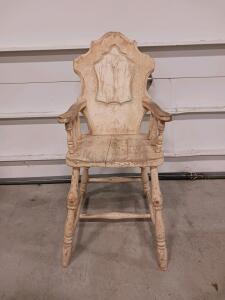 Antique Ornate Wooden Armchair, Shield-Back Design, Distressed Finish, Turned Legs, Circa 1900-1940