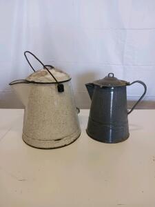 Large Vintage Enamelware Coffee Pots &ndash; White & Gray Speckled, 1.25 gal & 0.75 gal, Enameled Metal