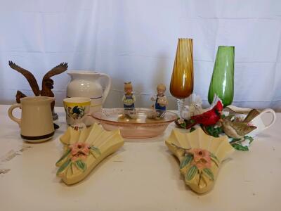 Lot of 12 Vintage Decorative Ceramics & Glassware &ndash; Pitchers, Animal Figurines, Vases, Pink Dish