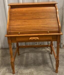 Compact Oak Roll Top Desk with 4 Small Drawers, Brass Hardware, Green Felt Lined Main Drawer 45x33x24&rdquo; ( Trailer 1 )