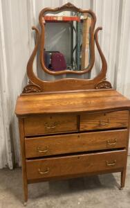 Antique Oak Dresser with Carved Mirror, 4 Drawers, Brass Hardware, Circa 1900-1930 42x19x70&rdquo; ( Trailer 1 )