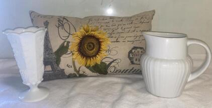 Vintage Sunflower French Pillow, White Ribbed Ceramic Pitcher & Milk Glass Grape Pedestal Vase Set ( SP 11 )