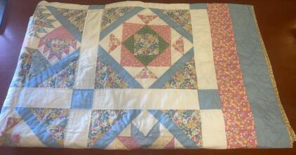 Vintage Patchwork Quilt, 80"x90", Floral & Geometric Cotton, Handmade, Blue/Pink/Yellow Pattern ( SP 4 )