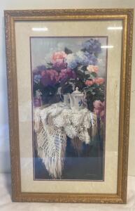 Framed Floral Still Life Art Print by Birkenstock, Signed 1997, Ornate Gold Frame 32&rdquo;x20&rdquo; (SP 18 )