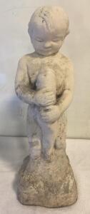 Vintage Concrete Garden Statue, Child Holding Fish, ~22&rdquo; Tall, Weathered Finish ( SP 12 )