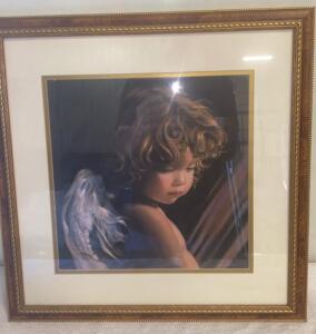Framed Art Print of Child and Angel, Ornate Gold Wood Frame, 19x19", Signed ( SP 18 )