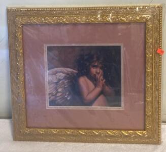 Ornate Gold Framed Angel Cherub Art Print 15x16&rdquo; with Mat and Sawtooth Hanger ( SP 18 )