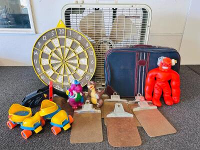 Vintage 9x6" Hardboard Clipboards With Metal Clips, Blue Carrying Case, Vintage Barney And Little Foot, Pair Of Fisher Price Skates, Lakewood Box Fan (Tested and Powers On) and More