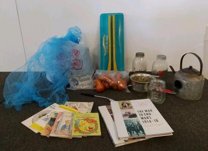 Vintage Assorted Lot: Atlas & Kerr Mason Jars, Metal Kettle, Manual Food Mill, Books, Label Maker and more