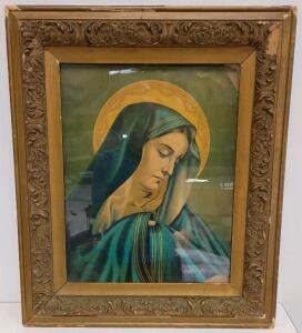 Vintage Framed Virgin Mary Religious Print &ndash; Ornate Gold Wood Frame, Glass Cover