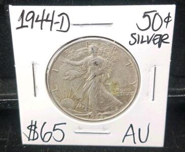1944-D Walking Liberty Half Dollar, AU, 90% Silver, Denver Mint, 50&cent; Coin, Adolph Weinman