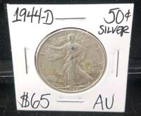 1944-D Walking Liberty Half Dollar, AU, 90% Silver, Denver Mint, 50&cent; Coin, Adolph Weinman
