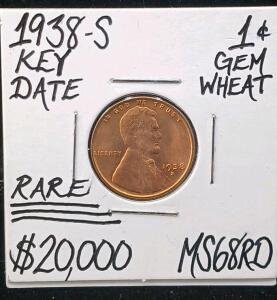 1938-S Lincoln Wheat Cent 1&cent; MS68RD Key Date Gem, San Francisco Mint, High Value Top Grade