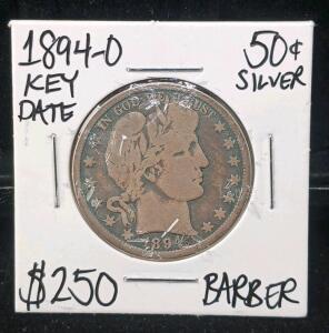 1894-O Barber Half Dollar, Key Date, 90% Silver, New Orleans Mint, Scarce Collectible Coin