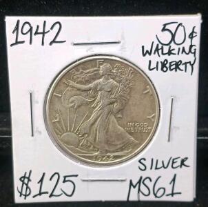1942 Walking Liberty Half Dollar, MS61, 90% Silver, Philadelphia Mint