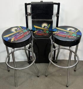 Retro Diner-Style Bar Stools & Mechanic Creeper Set with Custom Hot Rod Artwork