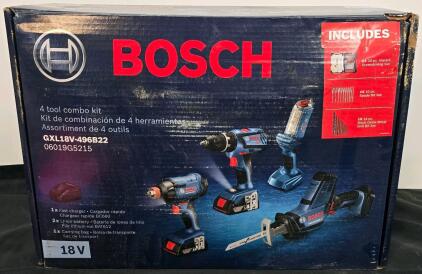 Bosch GXL18V-496B22 18V 4-Tool Cordless Combo Kit With Drill/Driver, Impact Driver/Wrench, Reciprocating Saw, And Work Light- New In Box