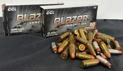 Blazer .45 Auto 230 Grain FMJ Brass Case 50rd Box Mixed w/ Loose .45 ACP & 9mm Ammo