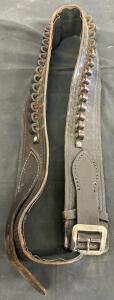 Vintage Leather Cartridge Ammo Belt, Decorative Stitching, Buckle