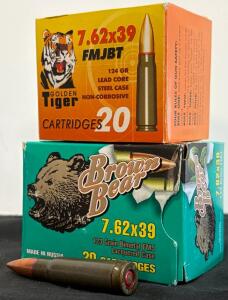 Brown Bear & Golden Tiger 7.62x39mm Russian Ammunition, FMJ, 123/124 Grain, Steel Case, 40 Rounds