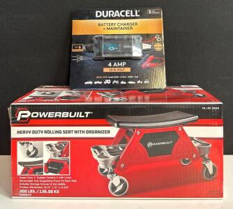 Powerbuilt Rolling Seat Organizer 300lb & Duracell 4A 12/6V Battery Charger Maintainer Set