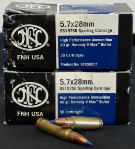FNH USA 5.7x28mm SS197SR Ammo, 40gr V-MAX Polymer Tip, 50rd Boxes, Lot Of 2, Product 10700017