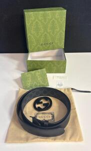 Gucci 411924 KGDHX 8449 GG Supreme Canvas Belt, 100 Cm, Black/Grey, Palladium-Toned Hardware
