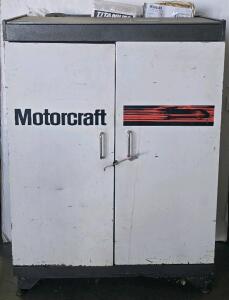 Large Motorcraft Parts Cabinet With 30+ Vintage NOS Ford GM Alternators, Starters, Brake & Bearings, 47 x 32.75 x 18.25